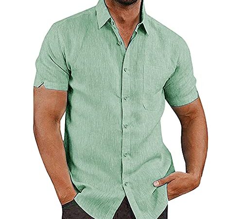 JEKAOYI Button Down Short Sleeve Linen Shirts for Men Summer Casual Cotton Spread Collar Beach Shirts (Green, Large)